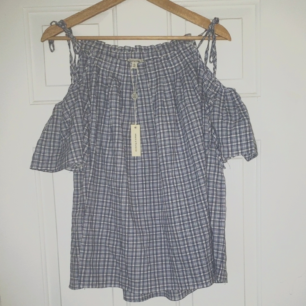 NWT Max Studio Blue Gingham Top Size Small
